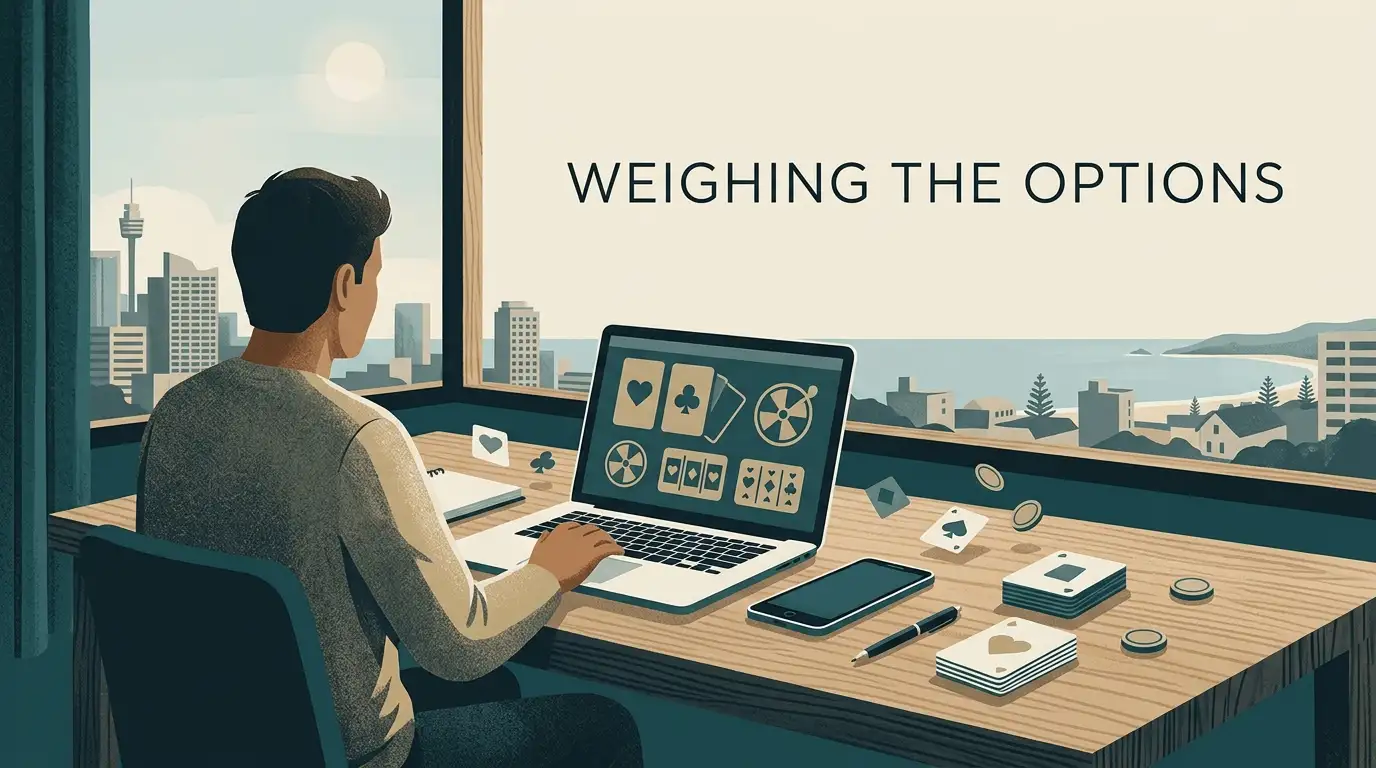 Editorial illustration representing an Australian reader comparing online casino features